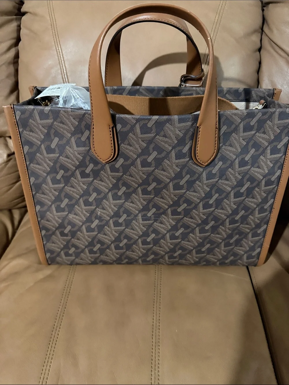 Michael Kors Brown Patterned Gigi Tote with Tan Trim